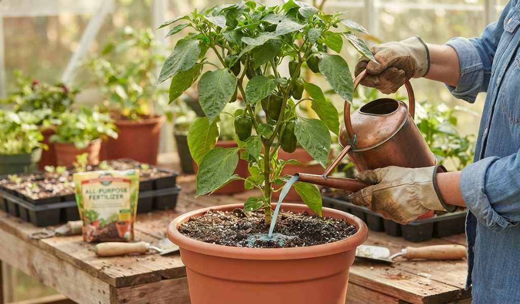 A gardener applying liquid fertilizer solution to the base of a container-grown pepper plant with a watering can.
