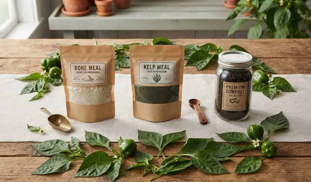 Organic fertilizer amendments like bone meal and kelp meal displayed on wood next to pepper leaves.