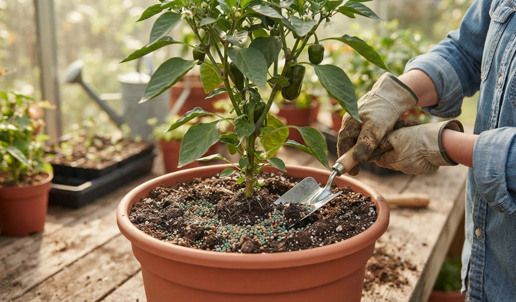 A gardener mixing granular fertilizer into the soil in a ring around a container-grown pepper plant.