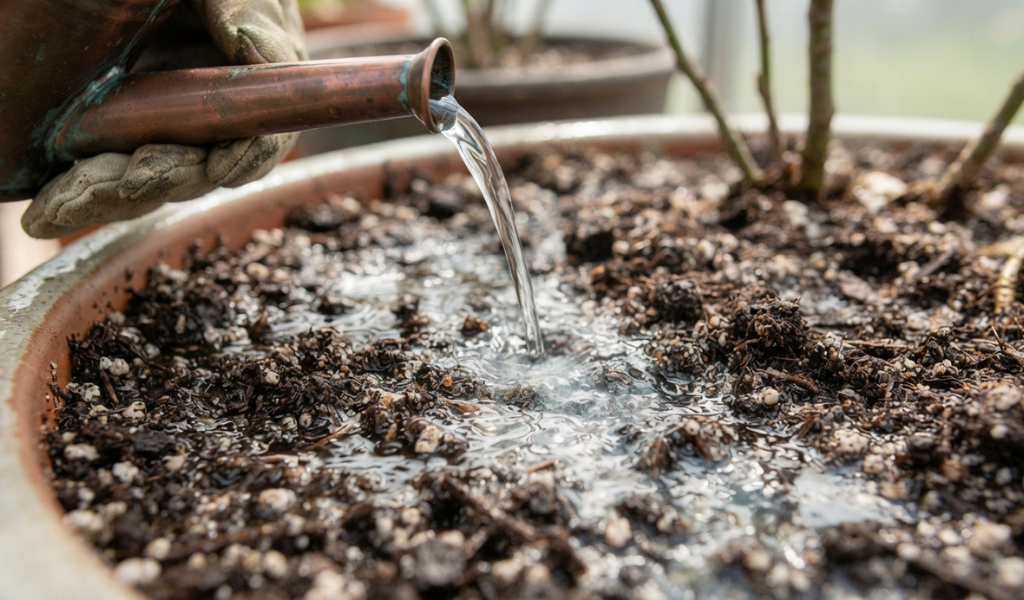 Water thoroughly soaking potting soil in a container to flush out excess fertilizer salts.