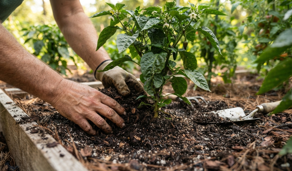 Rich homemade compost being worked into the soil around a thriving pepper plant.