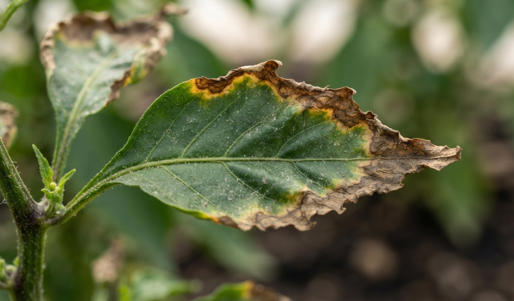 Close-up of a pepper plant leaf with brown, scorched tips caused by fertilizer burn.