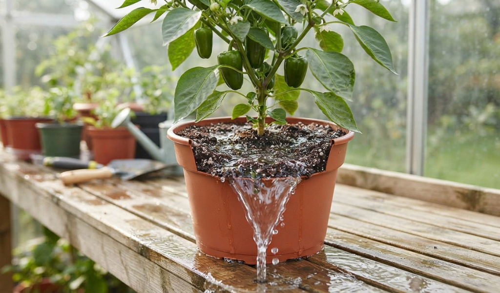 Water flushing through the soil and draining from the bottom of a potted pepper plant.