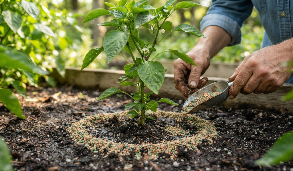 A gardener applying granular fertilizer in a ring safely away from the stem of a pepper plant.