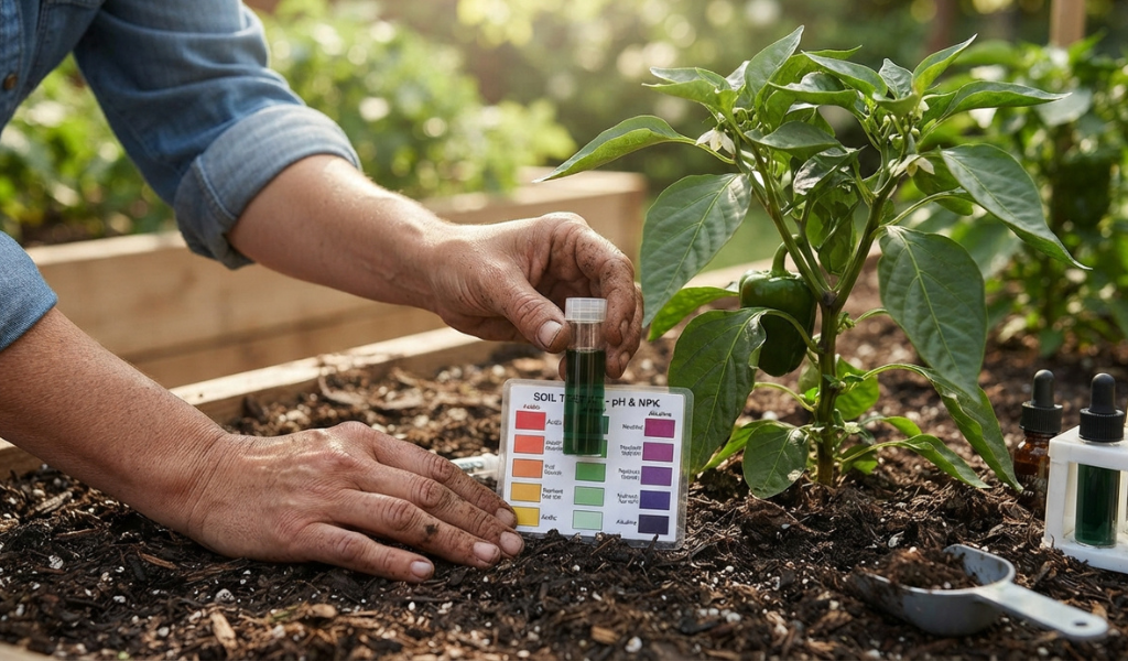 A gardener using a soil test kit to check nutrient levels before fertilizing pepper plants.
