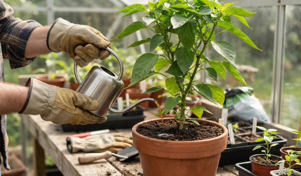 A gardener applying liquid fertilizer to a container-grown pepper plant.