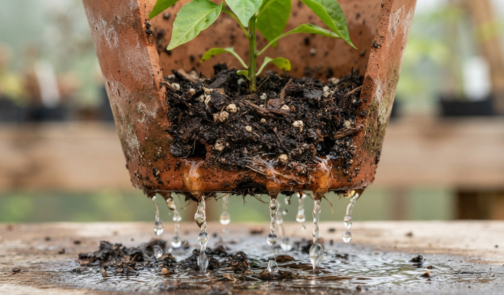 Water draining out from the bottom holes of a potted pepper plant container.