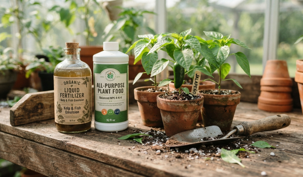 Organic and all-purpose fertilizers displayed next to potted pepper plants on a potting bench.