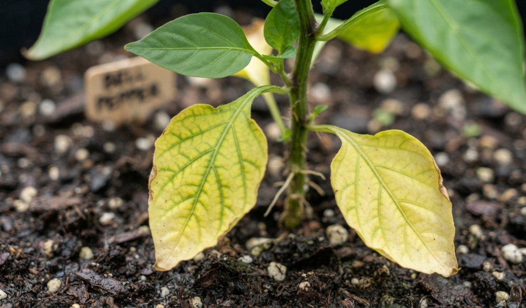 Close-up of a pepper plant leaf showing yellowing and pale coloration from a nutrient deficiency.