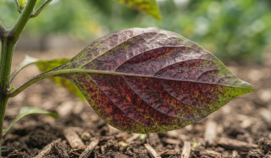 Close-up of a pepper plant leaf showing purple discoloration from a phosphorus deficiency.