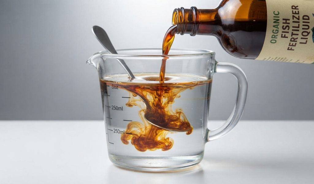 Concentrated liquid fish emulsion being mixed with water in a glass measuring cup for garden use