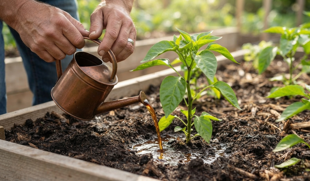 Gardener applying diluted fish fertilizer liquid as a soil drench around the base of a pepper plant