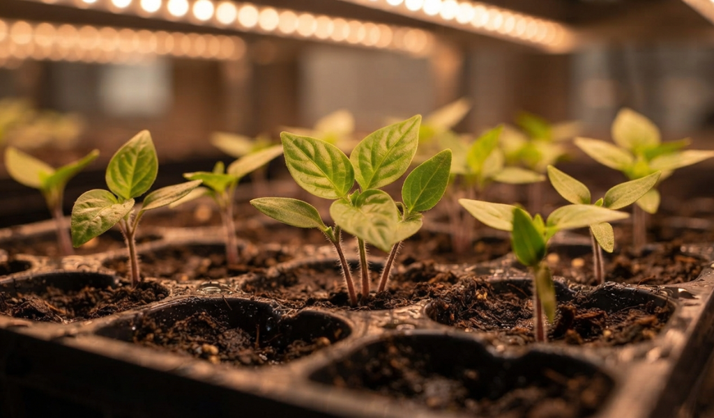 Healthy young pepper seedlings with true leaves growing in a starting tray under indoor lights