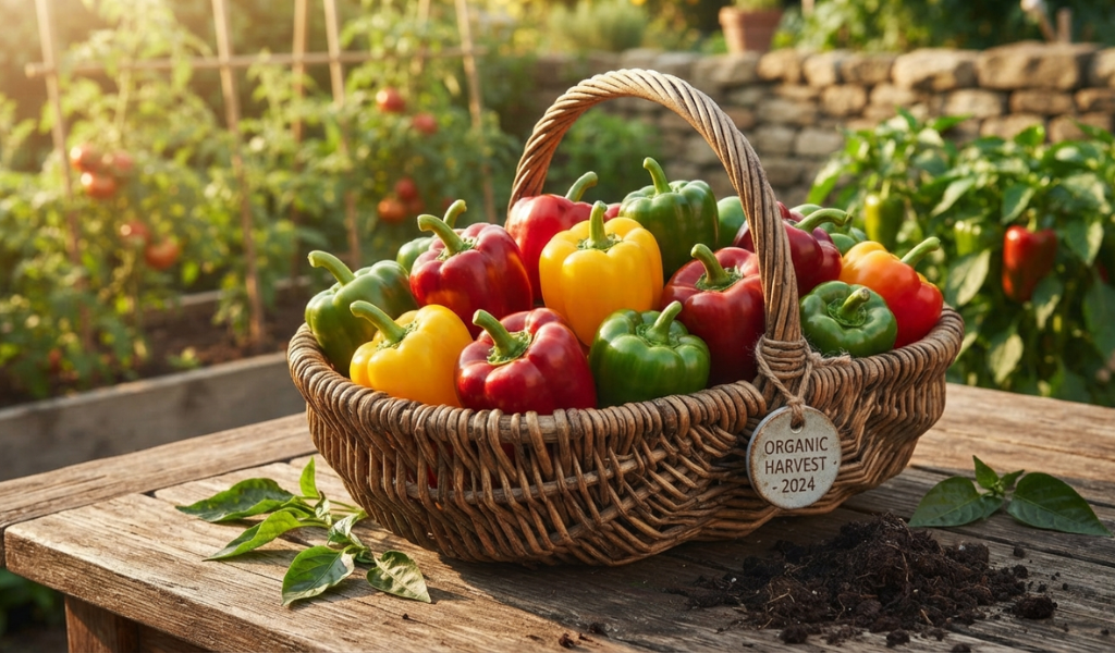 Basket filled with freshly harvested colorful red, yellow, and green bell peppers on a wooden table