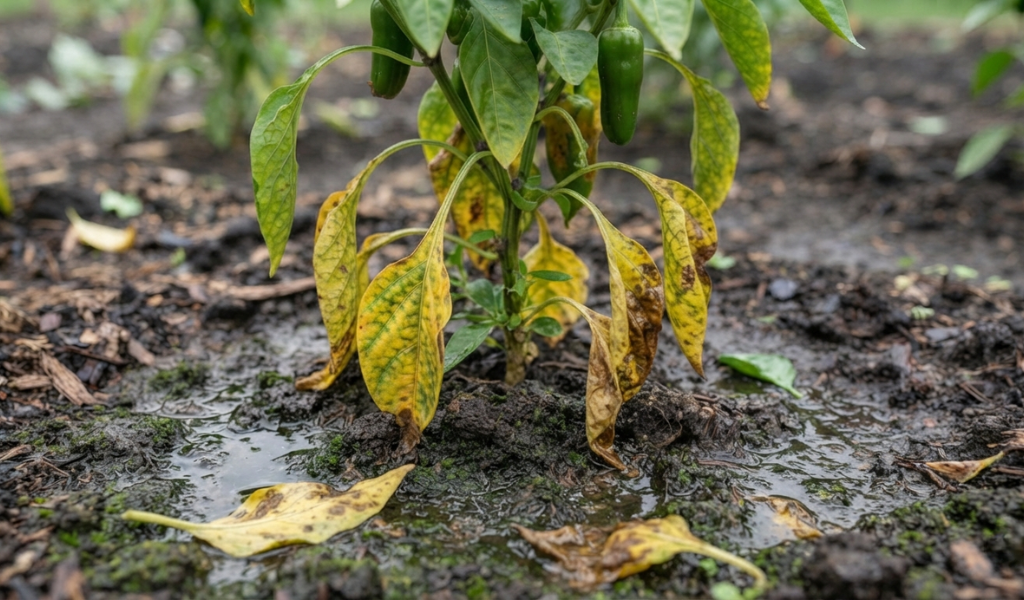 Soggy, waterlogged soil surrounding the drooping base of a stressed pepper plant