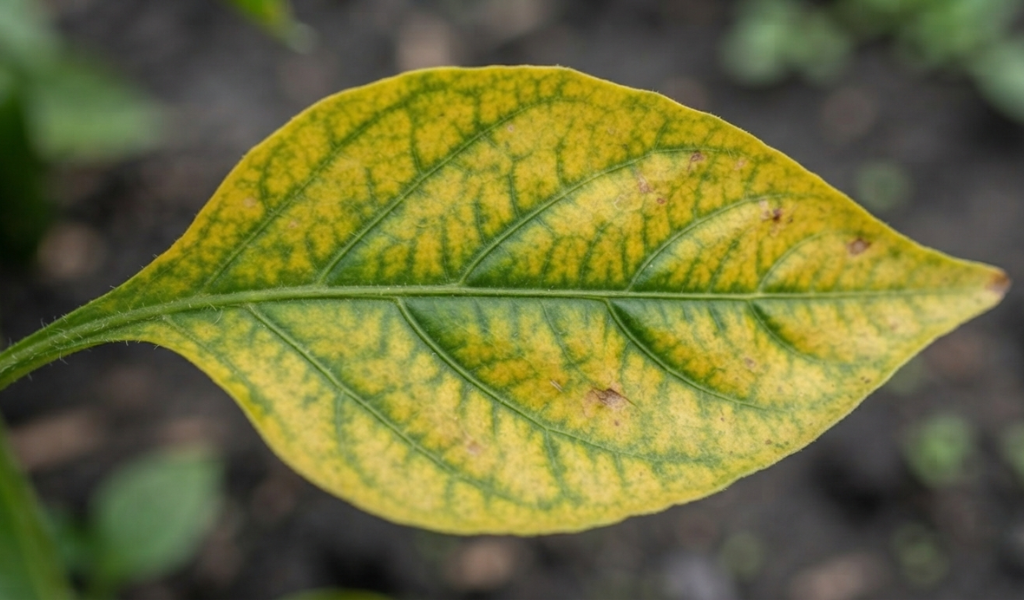 Macro close up of a pepper leaf showing interveinal chlorosis with yellow tissue and green veins
