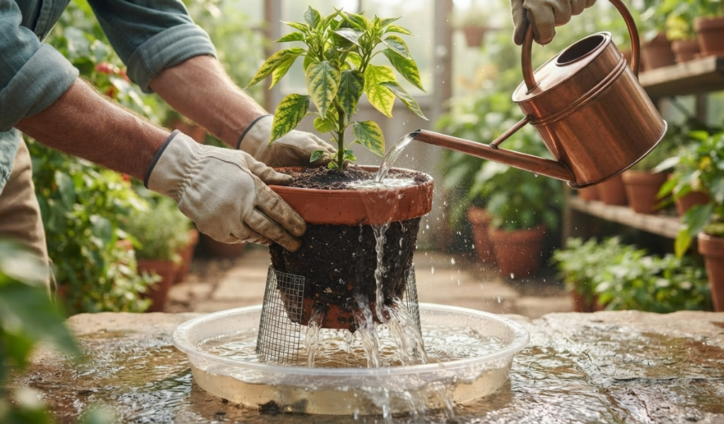 Gardener flushing the soil of a potted pepper plant with clean water to remove excess fertilizer salts