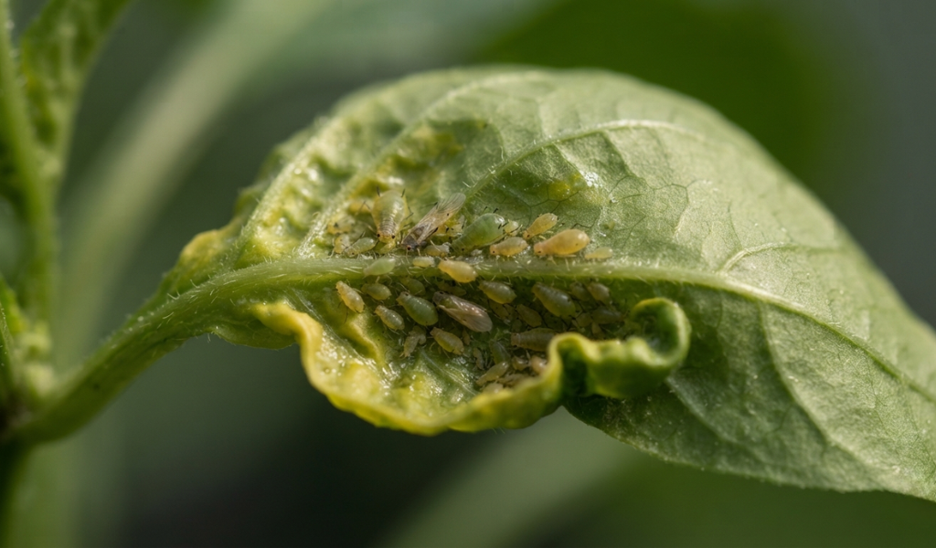 Extreme close up showing tiny aphids clustered on the underside of a yellowing pepper leaf