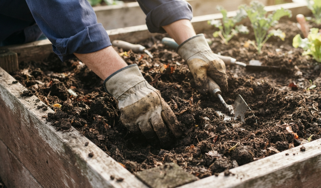 Gardener mixing rich organic compost into loose garden soil for pepper plants