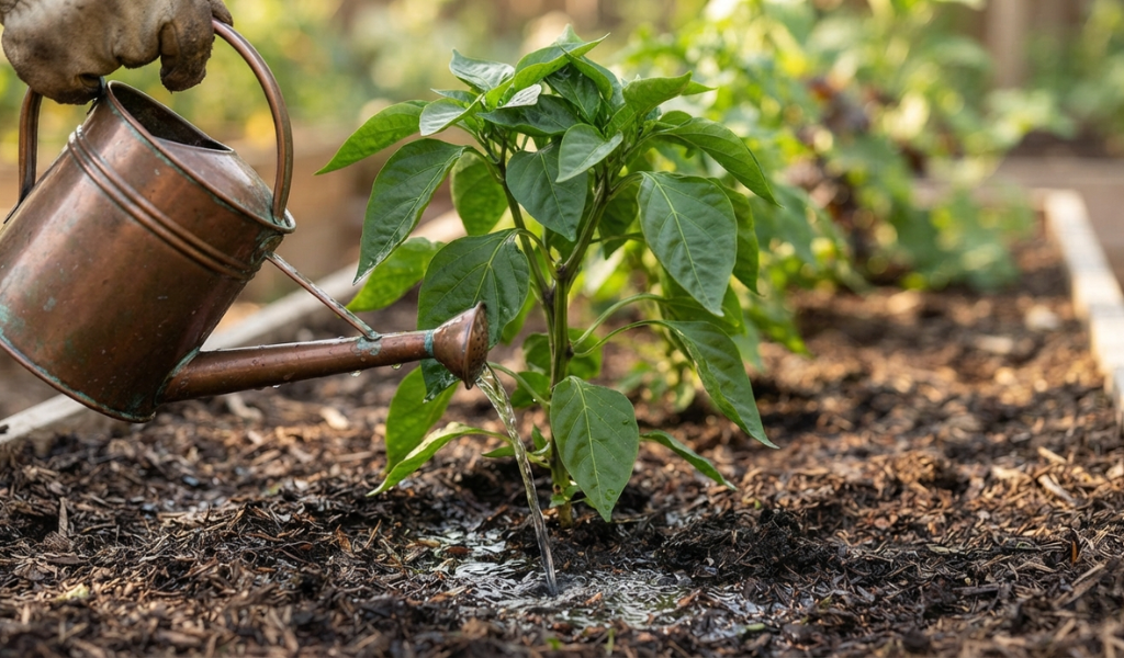 Watering the soil directly at the base of a young pepper plant using a watering can