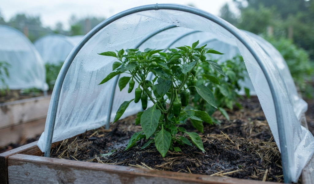 Pepper plants protected under a clear garden cover to maintain warmth and speed up growth