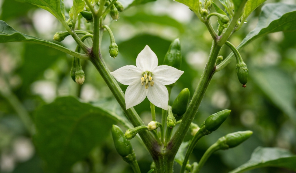 Macro photo of a blooming white pepper flower and emerging small pepper pods on a healthy stem