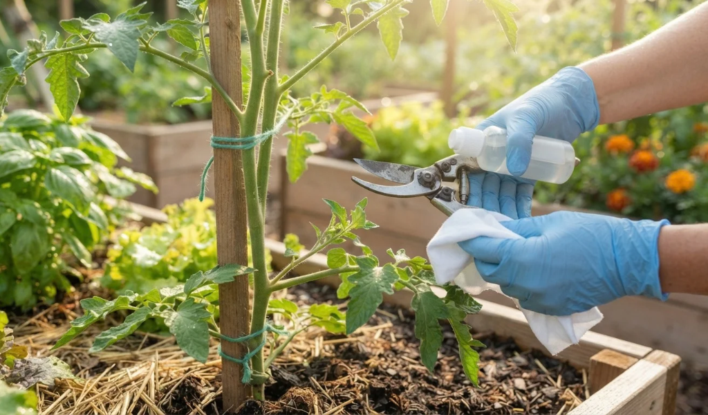 A close-up photo of a gardener cleaning sharp pruning shears with rubbing alcohol before pruning a healthy tomato plant in a sunny backyard garden.