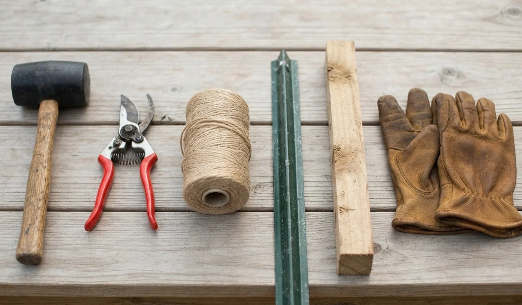 Flat lay arrangement of essential Florida Weave materials: rubber mallet, pruning shears, jute twine roll, metal T-post, wooden stake, and gloves on a wooden bench.