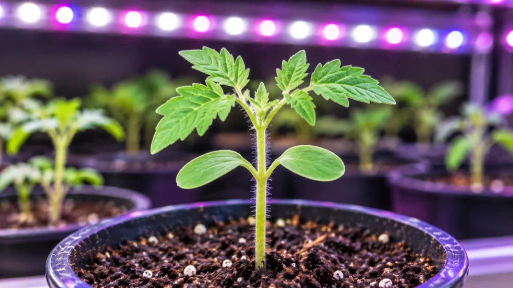 Tomato seedling with first true leaves growing in a pot.