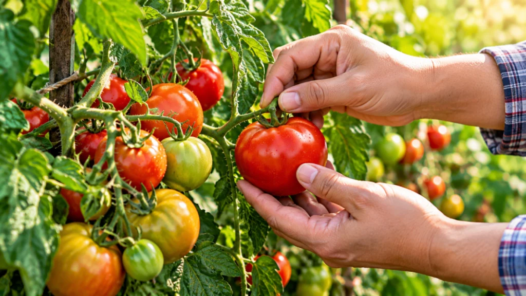 Harvesting a ripe red tomato from a heavy vine.