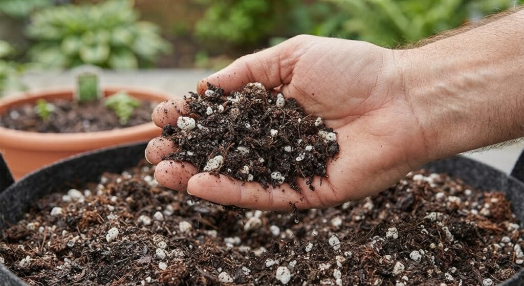 Rich, well-draining potting soil mix with compost and perlite for container tomatoes.