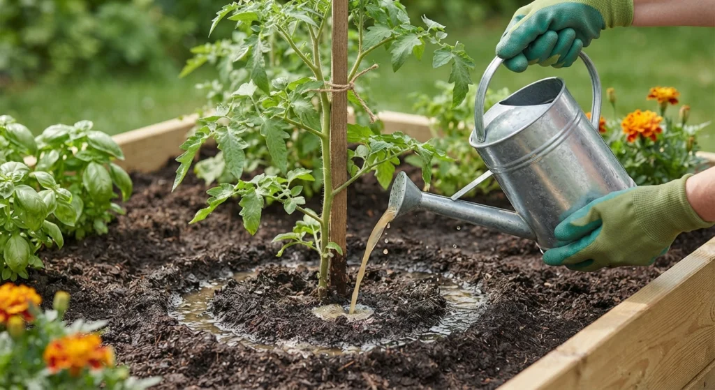 Close-up of gloved hands pouring diluted fish fertilizer from a watering can onto the root zone of a young tomato plant in a garden bed.