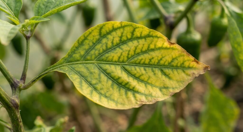 Pepper plant leaf showing yellowing between veins due to magnesium deficiency.