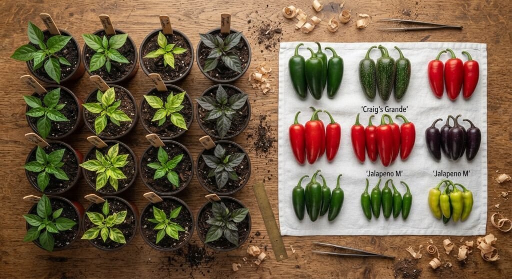 Various jalapeno pepper varieties and seedlings displayed side by side on a workbench.
