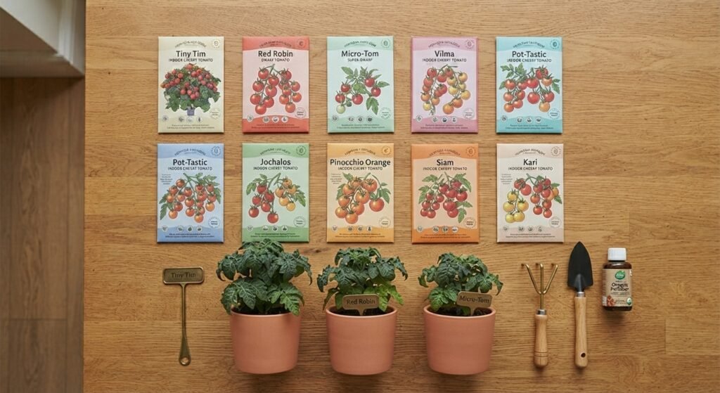 Compact tomato seedlings and seed packets arranged for indoor gardening.
