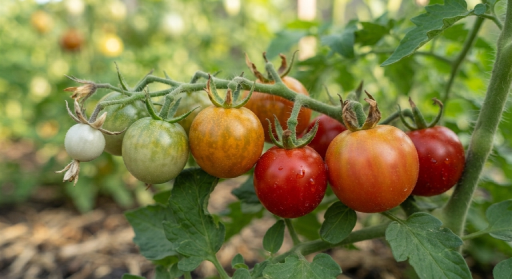 Tomato clusters transitioning through the ripening stages on the vine.