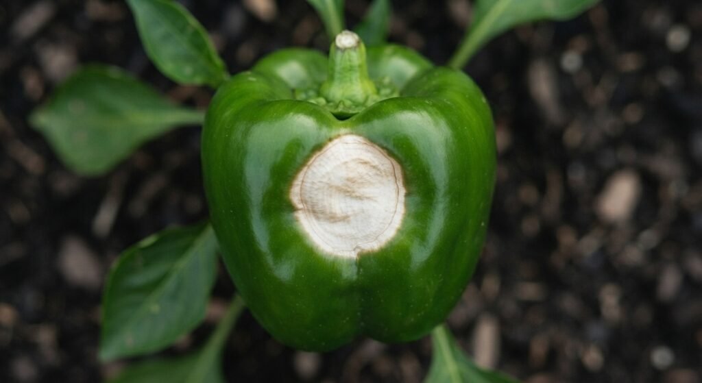 Close-up macro view of a sunscalded patch on a ripening pepper fruit.