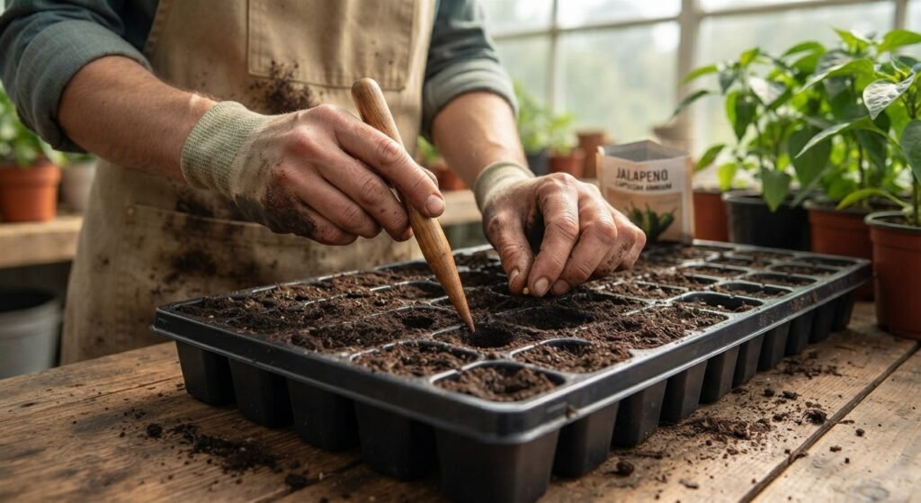 A gardener planting jalapeno seeds into a seed tray with a tray of sprouting seedlings nearby