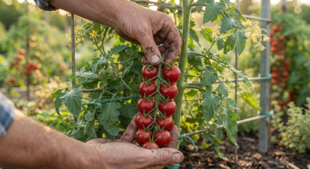 Harvesting a cluster of ripe Sweet Million cherry tomatoes from the garden vine.