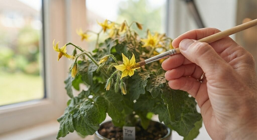 Hand-pollinating indoor tomato flowers using a soft paintbrush.