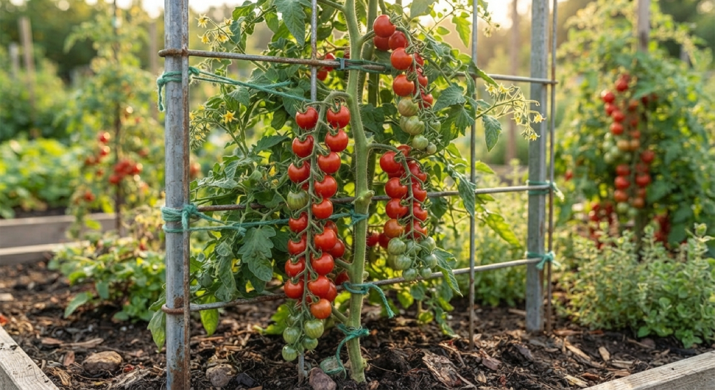 Tall Sweet Million tomato vine trained and supported by a garden trellis.