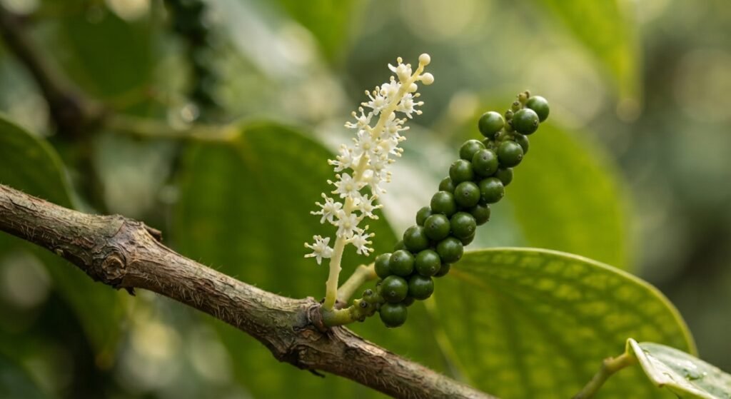 Macro close-up of white flower spikes and young green peppercorn berries on a vine.