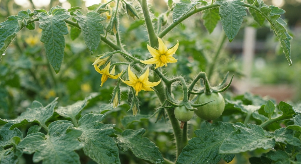 Tomato plant clusters with yellow blossoms and small green fruit.