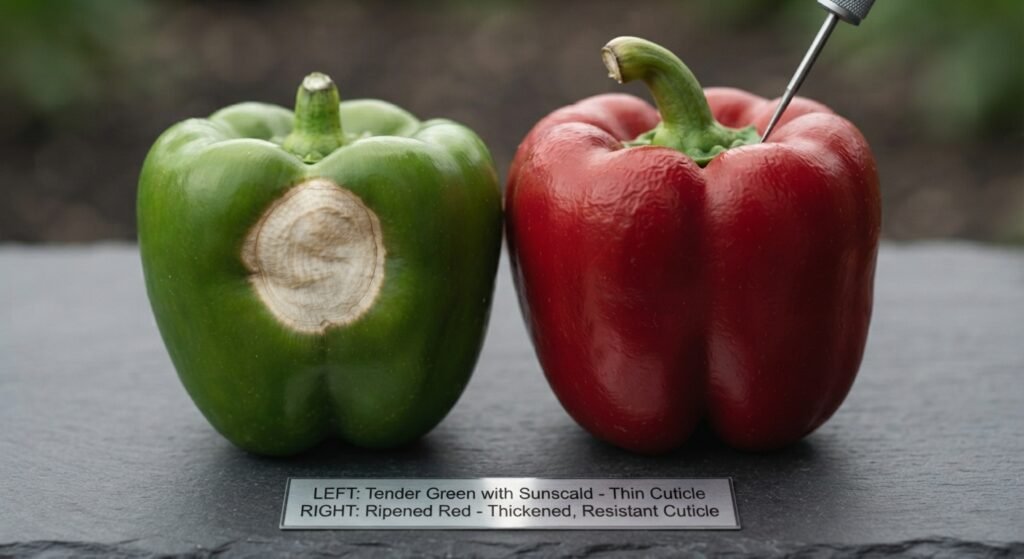 Comparison of a vulnerable green pepper and a more resistant ripe red pepper.