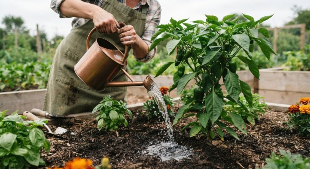 Applying an Epsom salt soil drench around the base of a pepper plant.