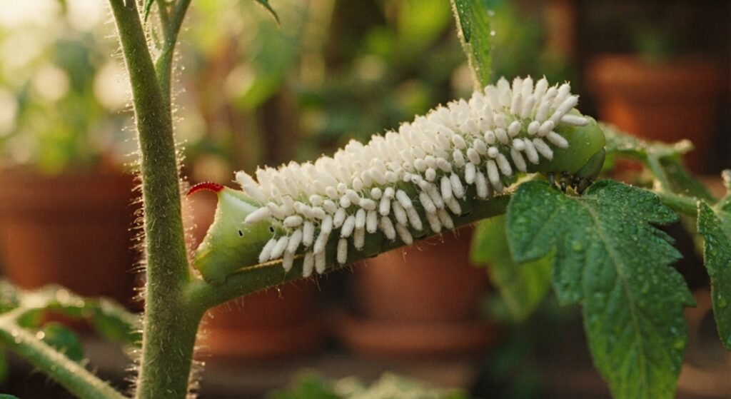 Tomato hornworm parasitized by white braconid wasp cocoons.