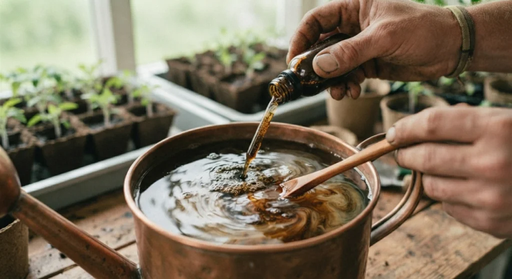 Mixing liquid fertilizer into a watering can for tomato seedlings