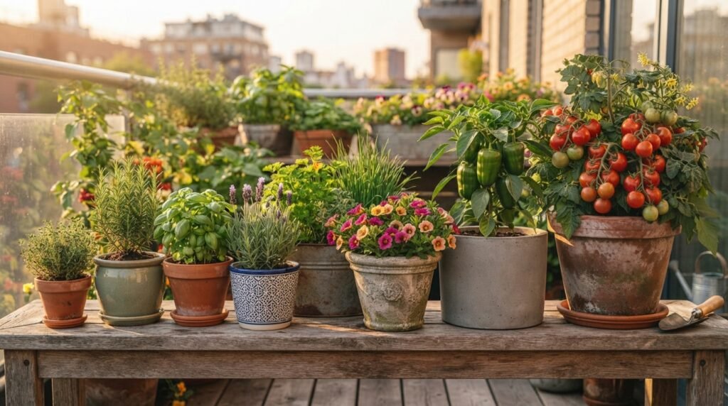 Assorted container sizes and depths for vegetable gardening on a workbench.