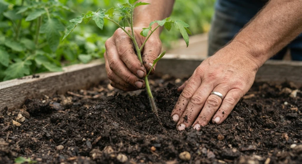 Planting a San Marzano tomato seedling deep into garden soil.