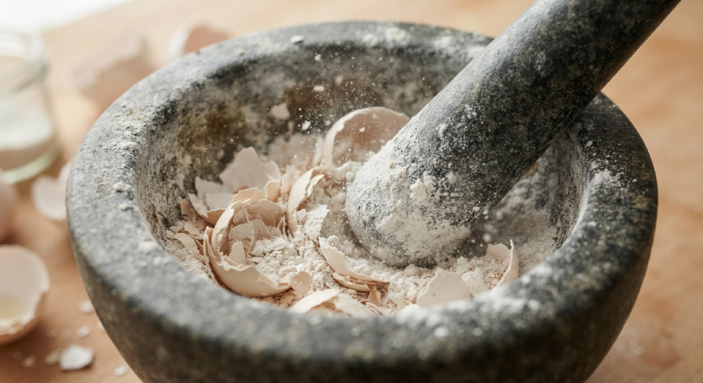 Crushing dry eggshells into powder for calcium-rich tomato fertilizer.
